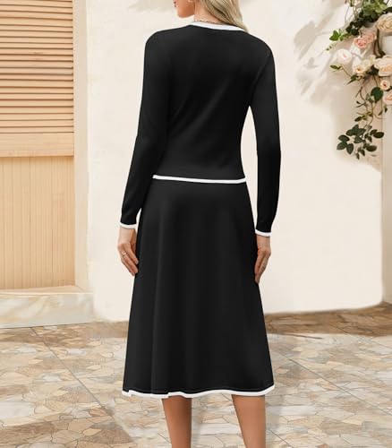 Women's Two Piece Skirt Sets Dressy Casual Knit Long Sleeve Button Crewneck Tops and Midi Dresses Matching Set Fall Outfits Black2
