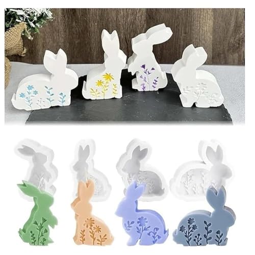 Imagen de DINGFENG Juego de 4 Moldes de Silicona 3D para Pascua con Conejos y Flores en Relieve Para Velas