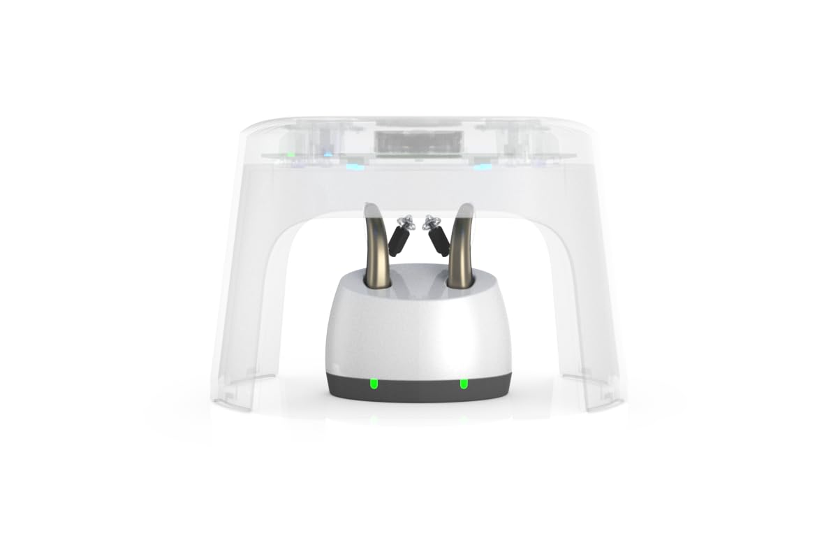 flow-med dry-cap UV 4 - Deumidificatore Apparecchi Acustici - Ricarica, Disinfezione e Asciugatura Simultanee - Per ogni Apparecchio Acustico - 4 LED UV-C - Ventola e Calore - Sensore SMART