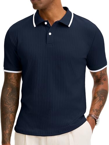Comdecevis Knit Polo Shirts Men Summer Crochet Vintage Collared Sweater Polo Shirts 3XL Navy Blue