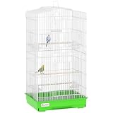 PawHut Jaula para Pájaros, Jaula de Metal para Pájaros con Puertas, 4 Comederos, 3 Perchas, Columpio, Bandeja Extraíble y Asa de Transporte, para Loro, Canario, Periquito, 46,5x35,5x92 cm, Verde