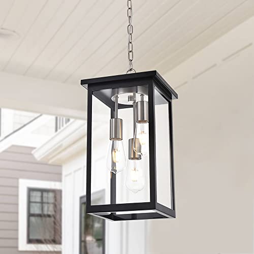 Todoluz 3-Lights Outdoor Pendant Light Fixture In Black And Brushed Nickel Finish, Indoor Outdoor Hanging Lantern Lighting With Clear Glass For Patio Porch Entryway #TOP1