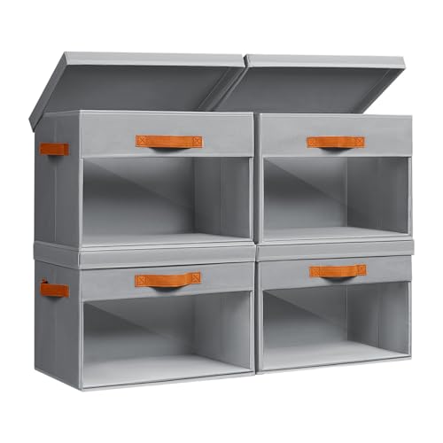 Homsorout Large Storage Bins with Lids - 4 Pack Foldable Decorative Organizers with Clear Windows & Handles, Cube Storage Organizers for Clothes, Blankets, Sweaters, Sheets, Grey