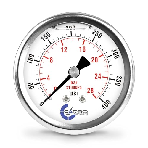 Image of 400 PSI Liquid Filled Pressure Gauge with NIST Traceable Certificate, Calibrated in USA Lab, 2.5 inch Dial, 1 /4 NPT Back Mount, ASME Grade A, 304 SS Case, Brass Wetted Parts, PSI /Bar