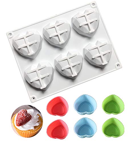 Molde de chocolate en forma de corazón, juego de moldes de caramelo de diamante 3D de silicona de 6 mallas, utilizado para decoración de pasteles, hornear, hacer dulces Cover