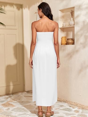 Image of Capuffy Women Strapless Boho Maxi Dress Sleeveless Tube A Line Summer Sundress with Pockets Flowy Swing Beach Dress 33