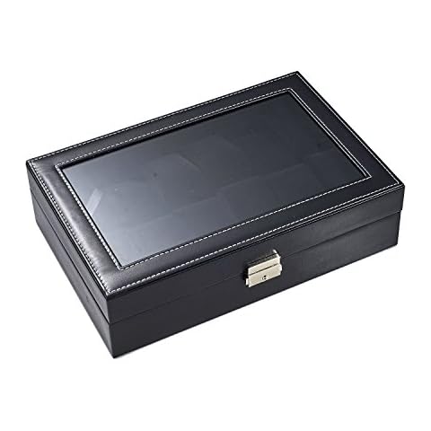 HAC24 Uhrenbox für 12 Uhren Armbanduhren mit Sichtfenster samt schwarz Leder Optik abschließbar Cover