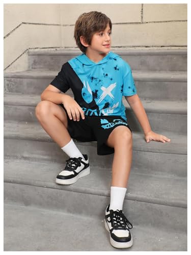 Image of WDIRARA Boy's Two Piece Graphic Print Hooded Neck Tops and Track Shorts Clothing Set