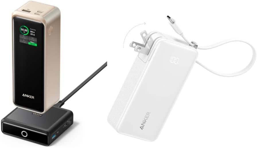 Anker Prime 27,650mAh Power Bank (250W) with 100W Charging Base 3-in-1 Portable iPhone Charger, 10,000mAh Power Bank with Built-in USB-C Cable and Foldable AC Plug