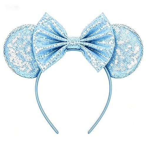 LICZINOIZO Mouse Ears Headband for Women Glitter Sequin Mouse Ears with Bow Sparkly Theme Park Party Cosplay Costume Accessories (Blue One Size)