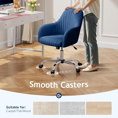 Image of Velvet Desk Chair for Home Office, Adjustable Swivel Task Chair Modern Computer Vanity Chairs with Arm Rest for Bedroom Living Room Make-up Room (Blue Dark)