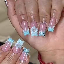 Blue French Tip Press on Nails Medium Long Leopard Print False Nails 3D Flower Fake Nails with Rhinestone Designs Cute Square Nail Tips Full Cover Glossy Stick Glue on Nails for Women Girls Nail Decor