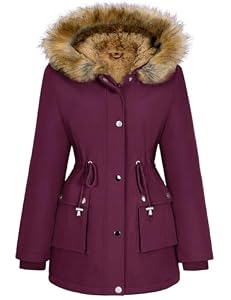 Lonya Manteau Femme Hiver Parka - Veste Polaire Imperméables Manteau à Capuche Zippé Chaud Blouson Doublure en Peluche Fausse Fourrure Parka Jacket Hooded Outercoat avec Poches, Rouge, XL