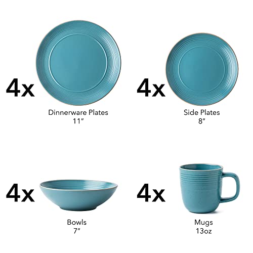 Arora Ringar Round Stoneware 16Pc Dinnerware Set Of 4, Dinner Plates, Side Plates, Cereal Bowls, Mugs - Speckle Matte Turquoise (428693) #TOP1
