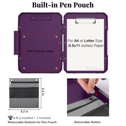 Meiikun Clipboard with Storage, Rugged Shockproof Protective, Internal Pen Pouch & Metal Clip, Heavy Duty Plastic Clip Boards 8.5x11, High Capacity Contractor Folder for School Office (Tomato Purple) - Image 4