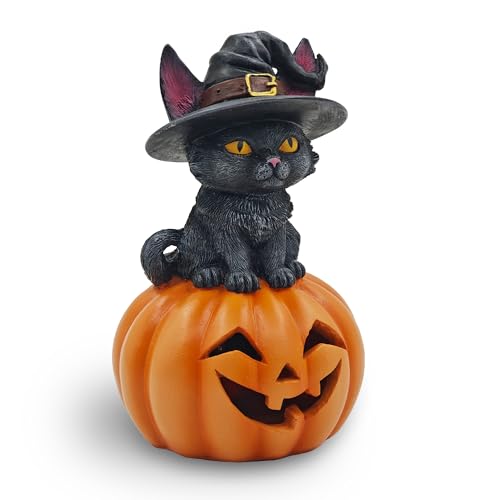 CFFOWNUG Halloween Cat Decorations in Pumpkin: 6.1'' Indoor Ornament with Witch Hat for Home Office Fireplace Party Ideal Gift for Cat Lovers (Male)