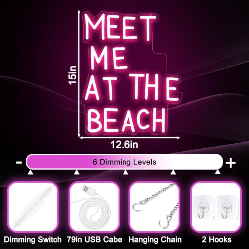 Meet Me at the Beach Neon Sign Dimmable Neon Signs for Wall Decor Beach Room Decor for Teen Girls LED Signs USB Light Up Sign for Bedroom Beachy House Coastal Room Wall Art Decor by SENOVIRA - Used condition - Image 2