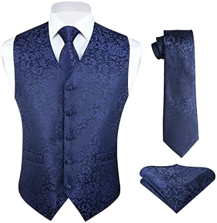 HISDERN Men's Classic Suit Vest Tie Set Paisley Floral Jacquard Necktie Handkerchief Waistcoat for Wedding Party Tuxedo Navy Blue