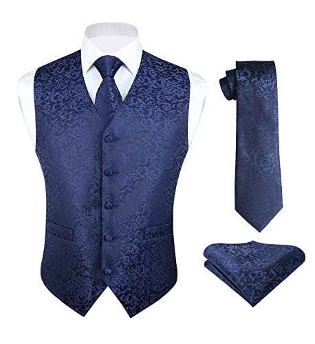 Hisdern Men's Classic Suit Vest Tie Set Paisley Floral Jacquard Necktie Handkerchief Waistcoat For Wedding Party Tuxedo Navy Blue #TOP16