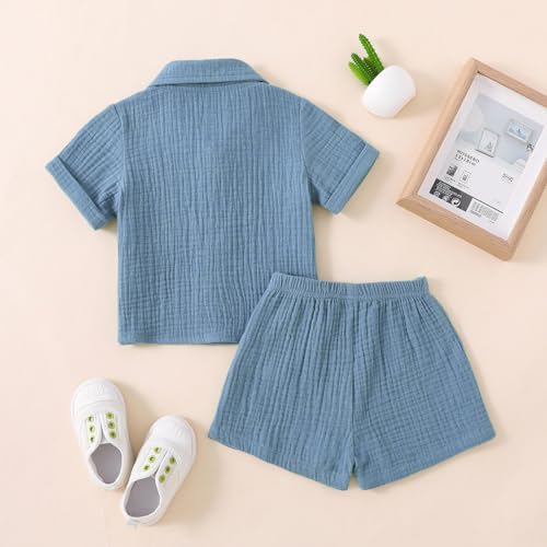 Baby Boys Clothes Set Toddler Infant Boys Button-Down Shirt Tops + Cotton Gauze Pants Summer Outfit 2PCS with Pockets (Grey-blue, 6-12 Months)