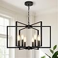 Black Farmhouse Chandelier, 6 Light Geometric Dining Room Light Fixture, Modern Industrial Metal Ceiling Light Rustic Hanging Pendant Lights with E12 base for Kitchen Island Entryway Foyer, Indoor