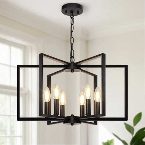 Black Farmhouse Chandelier, 6 Light Geometric Dining Room Light F...