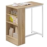 WOLTU Mesa de Bar con Estantes, Mesa Alta Cocina de Marco Metal Robusto, Barra Cocina con 3 Compartimentos Abiertos de Almacenamiento para Comedor, Roble Claro