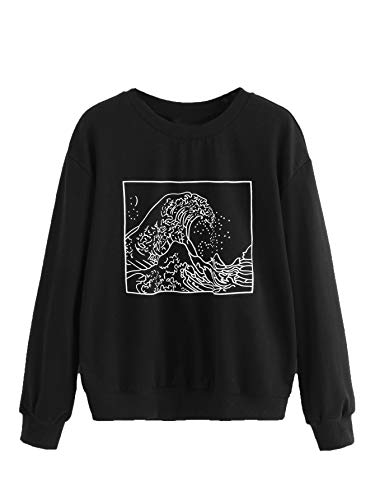 SweatyRocks Women's Graphic Print Pullover Sweatshirt Long Sleeve T-Shirt Top Black Small