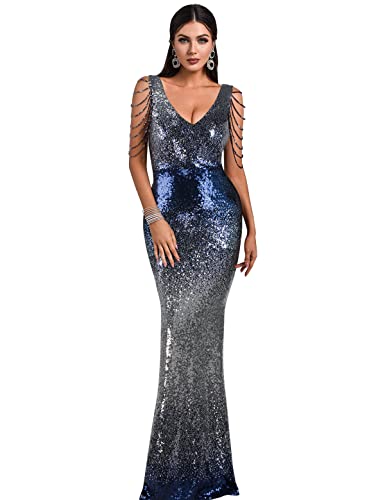 Robe de soirée longue avec col en V et paillettes pour femme - bleu - Taille M Cover