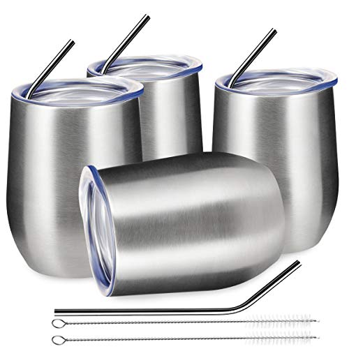 COKTIK 12oz 4 Pack Wine Tumbler with Lid Stemless Insulated Wine Glasses Double Wall Vacuum Stainless Steel Travel Tumbler for Cold Hot Drinks Wine Coffee Cocktails Stainless Steel