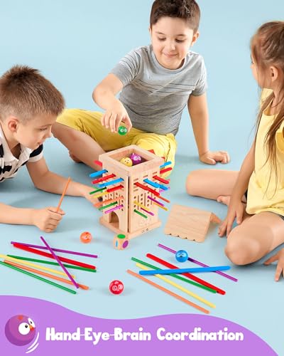 Montessori Spielzeug ab 3 4 5 6 Jahren - Brettspiele aus Holz, Kinder Lernspielzeug mit Bunten Stäbchen & Ball, Würfel Brettspiel für Motorik & Konzentration Geschenk für Mädchen Jungen