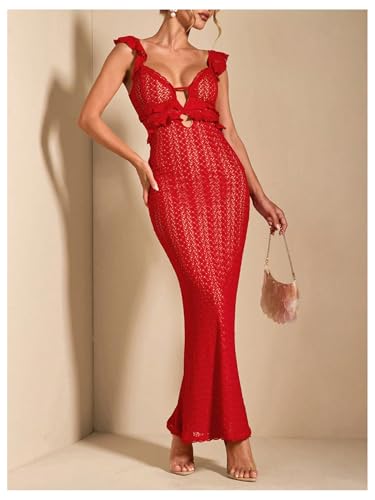Image of SOLY HUX Women's Maxi Dress Crochet Ruffle Sleeveless Backless Bodycon Long Dresses
