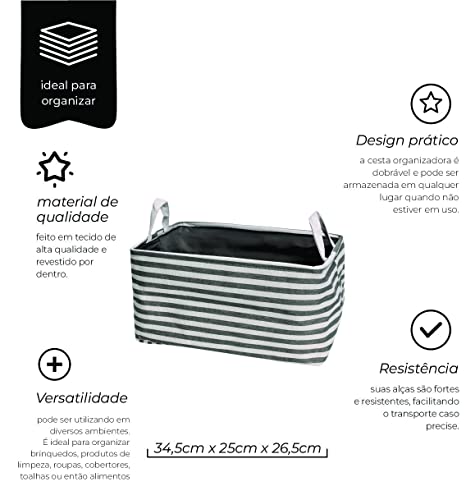 Mimo Style Cesta Organizadora Com Alças Listrada Média, Feita Inteiramente de Tecido Poliuretano. Id