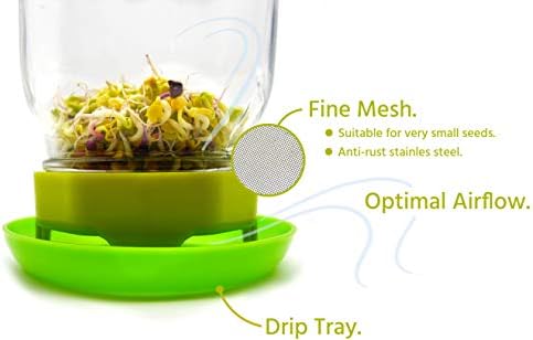 Sprouting Jar Kit Seed Sprouter Set Includes Wide Mouth Mason Jar, Stainless Steel Mesh Lid, Blackout Sleeve and Plastic Drip Tray for Making Seeds Sprouts