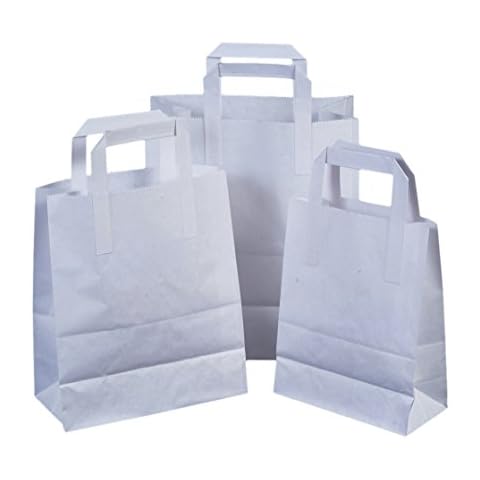 The Paper Bag Company 18 x 23 x 9 cm Paper Carrier Bags with Flat Handles, Pack of 25, White Cover