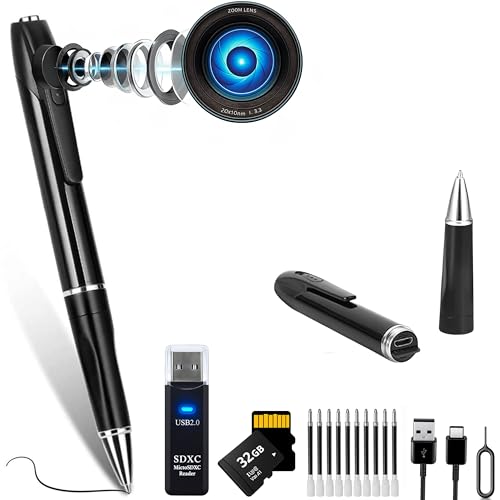 Camara Espia Camuflada Mini Cámara Espia Oculta Bolígrafo PACK PREMIUM Incluye MicroSD 32GB C10 U3 y 10x Recargas de Tinta (sin Luz de Grabación) Totalmente Indetectable Versión 2025, 1080P Real
