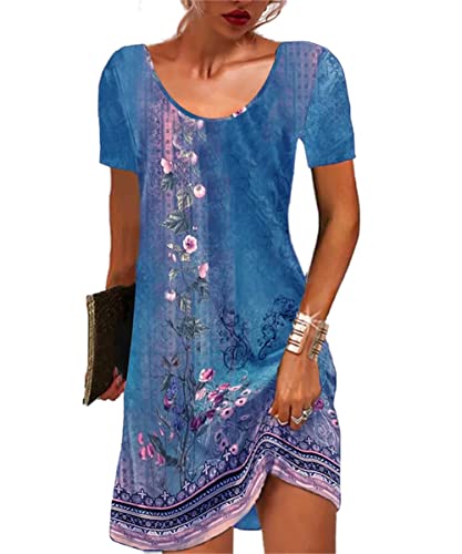 GRMLRPT Damen Kurzarm Rundhals Kleid Bohemian Blumen Sommerkleider MiniKleid Blumendruck Lose Tunika Freizeitkleid(Blau,S)