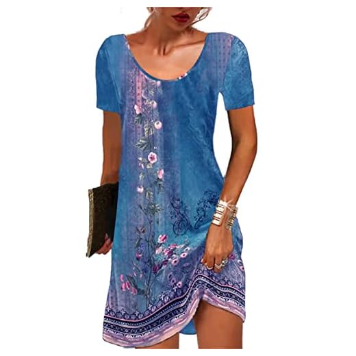 GRMLRPT Femme Manches Courtes Col Rond Robe Bohème Fleurie MiniRobe Robe Fleurie Imprimé Libre Tunique Robe Loisir(Bleu,M)