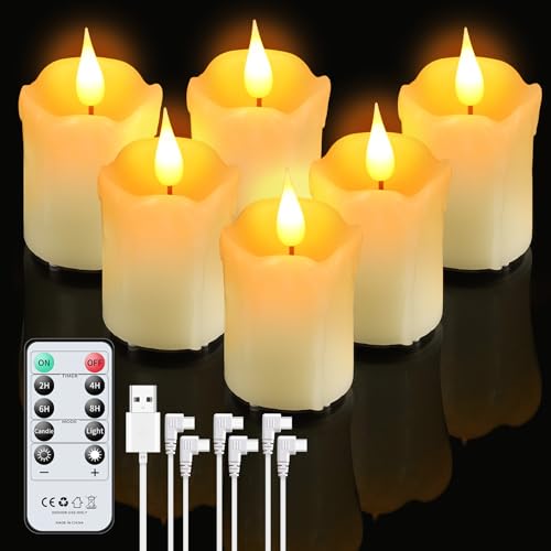 Forever Speed Set of 6 Rechargeable LED Candles Real Wax LED Tea Lights with Remote Control USB Candles Flickering Flameless Candles for Halloween Christmas Wedding Camping Home Decor