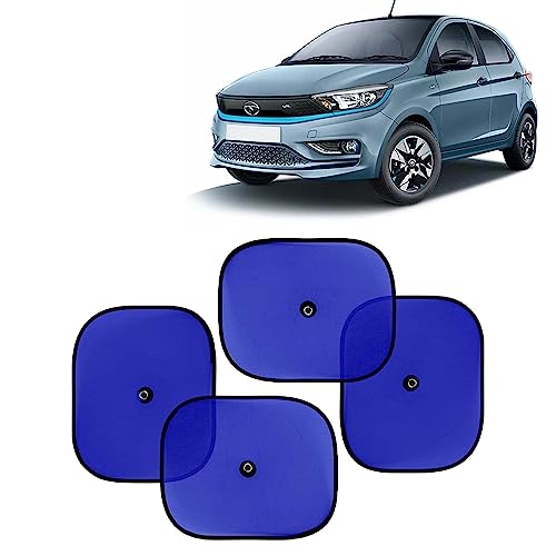 Image of KINGSWAY Car Window Curtain Sticky Sun Shades Compatible with Tata Tiago EV, (Year 2023 Onwards), Universal Fit Sunshades for Side Window, Rear Window, Blue Color, 4 Pieces