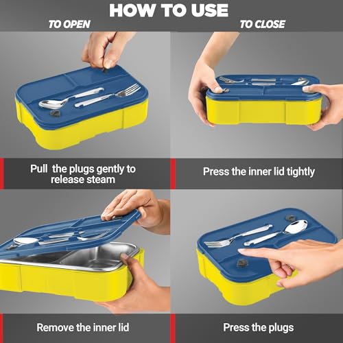 Image of MILTON Bravo 2 Inner Stainless Steel Tiffin Box for School, 2 Partition, Steam Release Plug | PU Insulated, Leak-Proof, Food Grade I Lunch Box for Kids Boys, Girls with Snap Lock Lid, 650 ml, Yellow