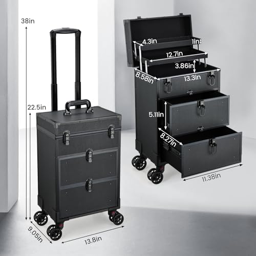 Yueieoun Rolling Makeup Train Case with 2 Large Drawers Cosmetology Case on Wheels Nail Carts Organizer Case Make Up Artist Tattoo Travel Case with Wheels Salon Trolley Black