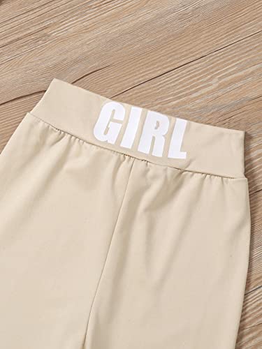 Makemechic Girl's Casual 2 Piece Letter Graphic Short Sleeve T Shirt And Leggings Set Tracksuit Sports Workout Outfit Khaki 130 #TOP4