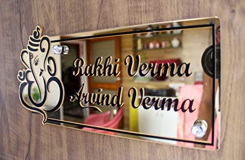 SIGNOOGLE Acrylic Ganesha Customized Home Name Plate - Mirror Gold and Black -Size (L X H)- 12 X 6 inch 1