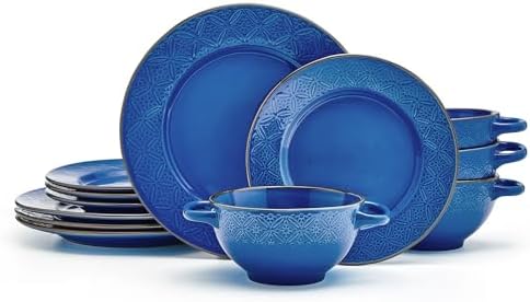 Pfaltzgraff Mystic Geschirr-Set, 12-teilig, Service Für 4 Personen – Steinzeug, Blau-graues Wirbeldesign