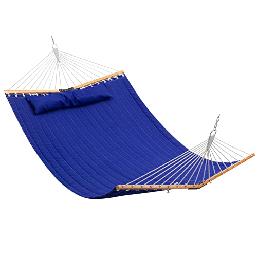 BEJOY King Size 2-Person Quilted Fabric Garden Hammock with Suspenders and Removable Pillows, Large Hammock Indoor Outdoor Patio and Terrace, Dark Blue