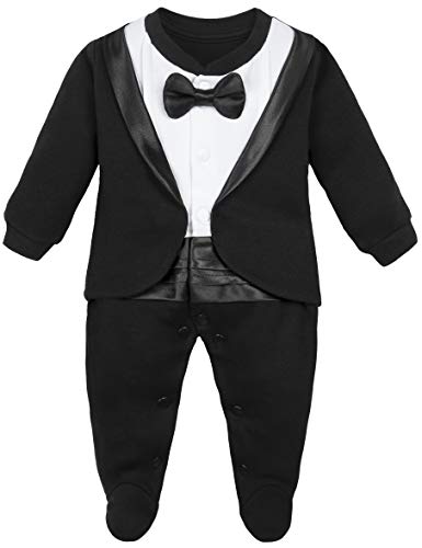 Lilax Baby Boy Gentleman Tuxedo Footie Christmas Holiday Outfit with Bow Tie (Newborn, Black)