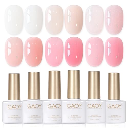 GAOY 6 Colors Rubber Base Gel Set, Jelly Builder Base Nail Gel Sheer Nude White Pink, 2-in-1 Soak Off Nail Strengthener, Petal Whisper