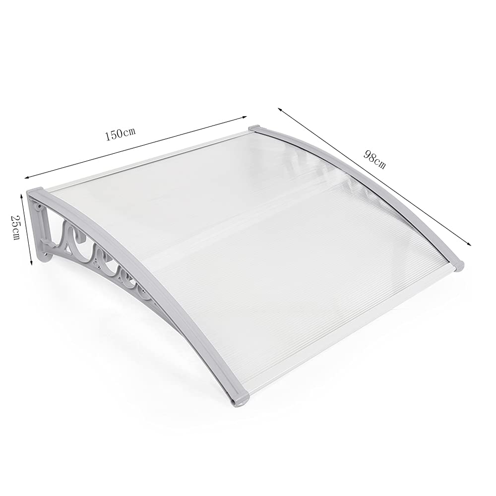 YIMING Auvent de Porte d'entrée, Longueur 150 cm (59,06''), Marquise de Porte et Fenêtres, Auvent de fenêtre en Polycarbonat, UV Protection, Pluie et Neige Protection (Gris-Blanc, 98×150×25 cm)