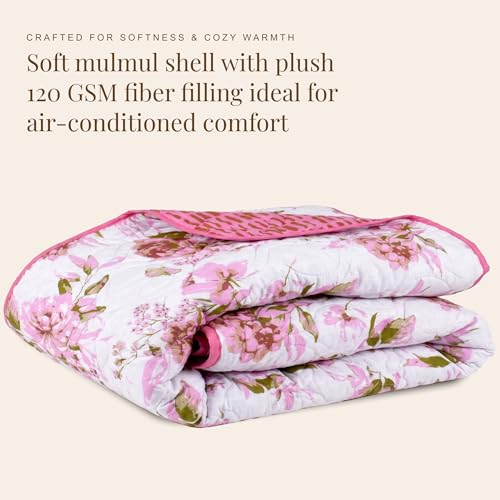 Image of HUESLAND Reversible AC Quilt Blanket Single Bed | 100% Cotton Quilted Shell, Super Soft 120 GSM Microfibre Wadding | Lightweight Comforter for All Weather Use | 55 x 88 inches, Blushing Blooms